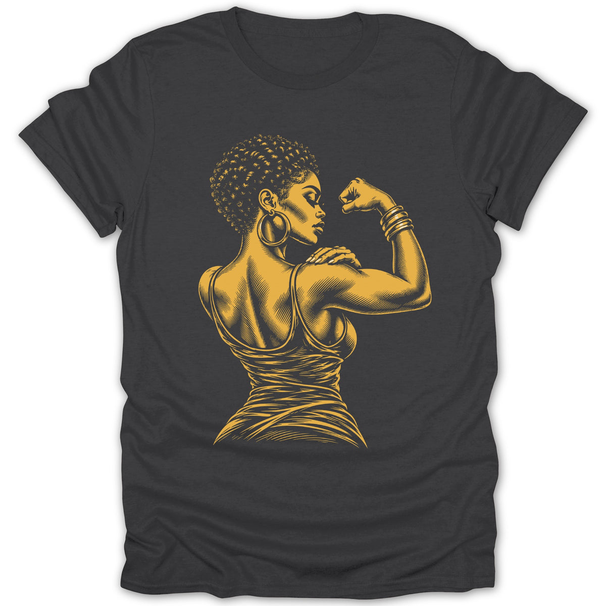 Dark grey t-shirt featuring a gold, illustrated woman flexing her bicep.