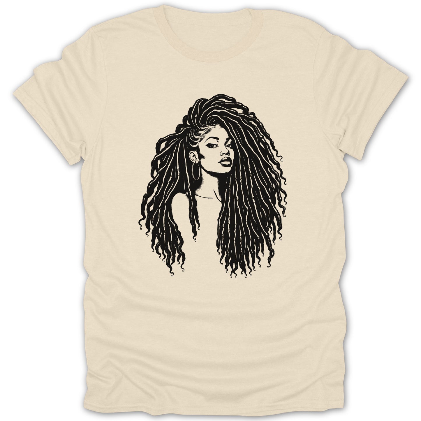 Line drawing of a woman with dreadlocks on a cream t-shirt.