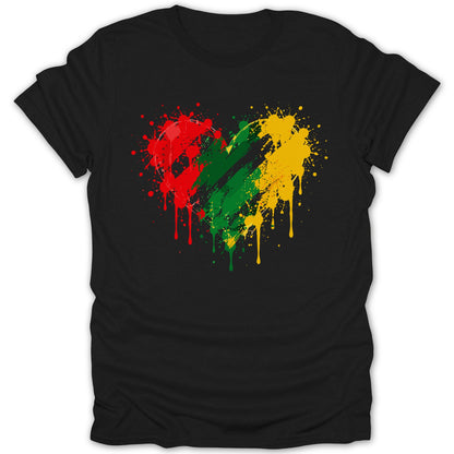 Black t-shirt with a red, green, and yellow splattered heart design.