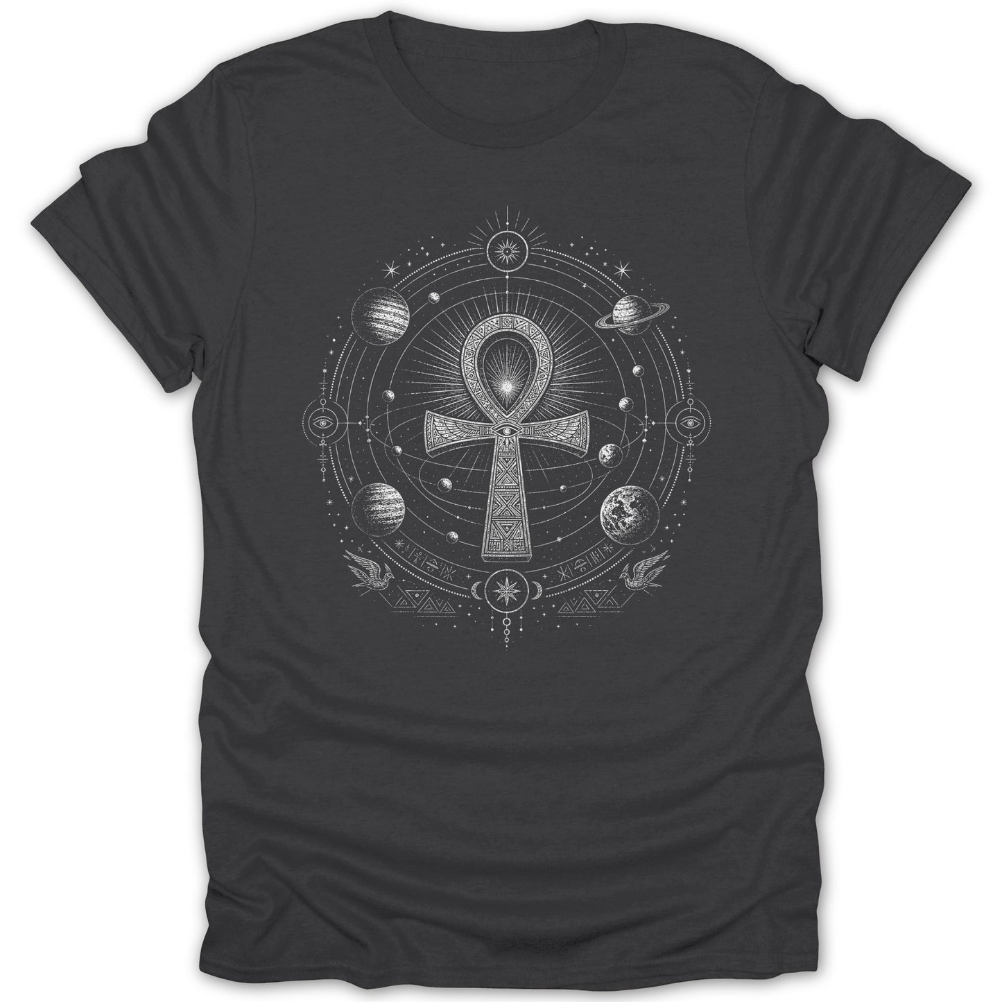 Dark grey t-shirt with a white ankh and celestial design featuring planets and birds.