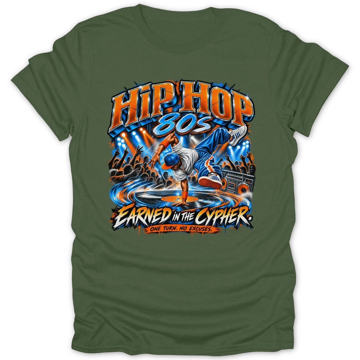 Green t-shirt with "Hip Hop 80s Earned in the Cypher" graphic.