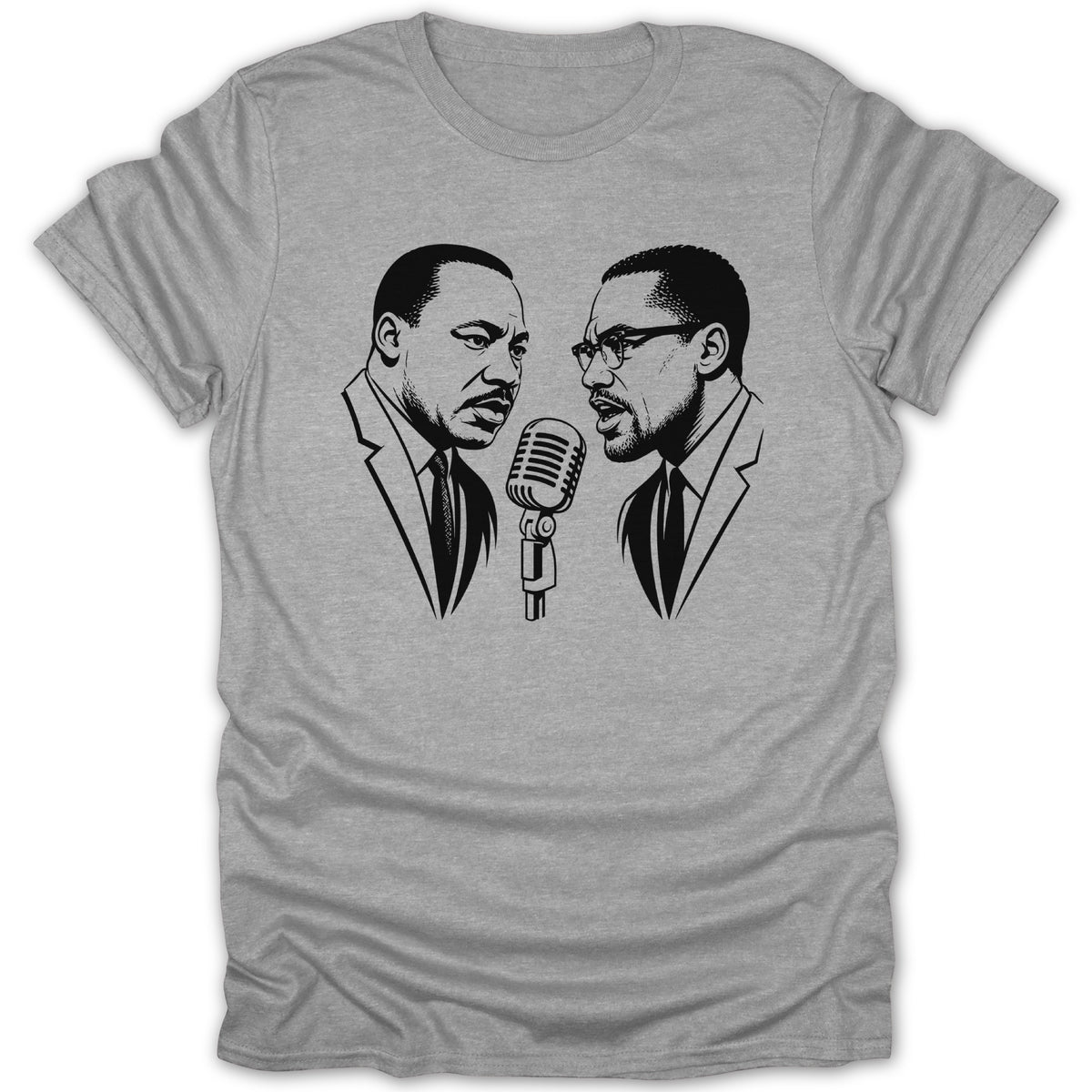Line art of Martin Luther King Jr. and Malcolm X facing each other with a microphone.