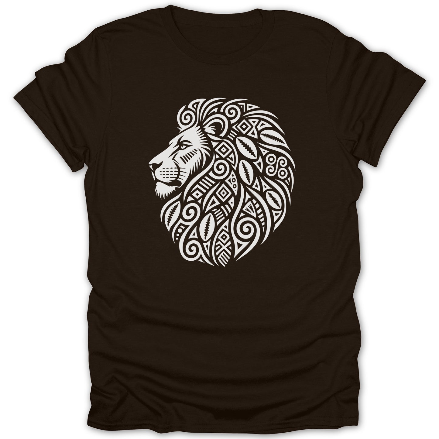 Brown t-shirt with a white tribal lion head design.