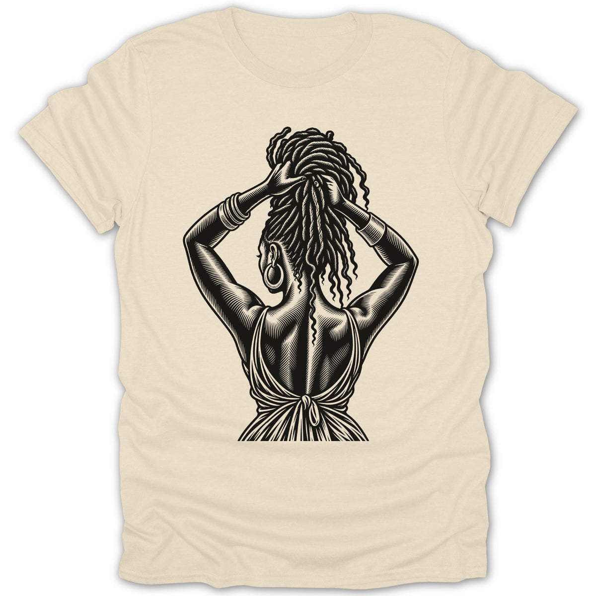 Black and white linocut style graphic of a woman with dreadlocks on a cream t-shirt.