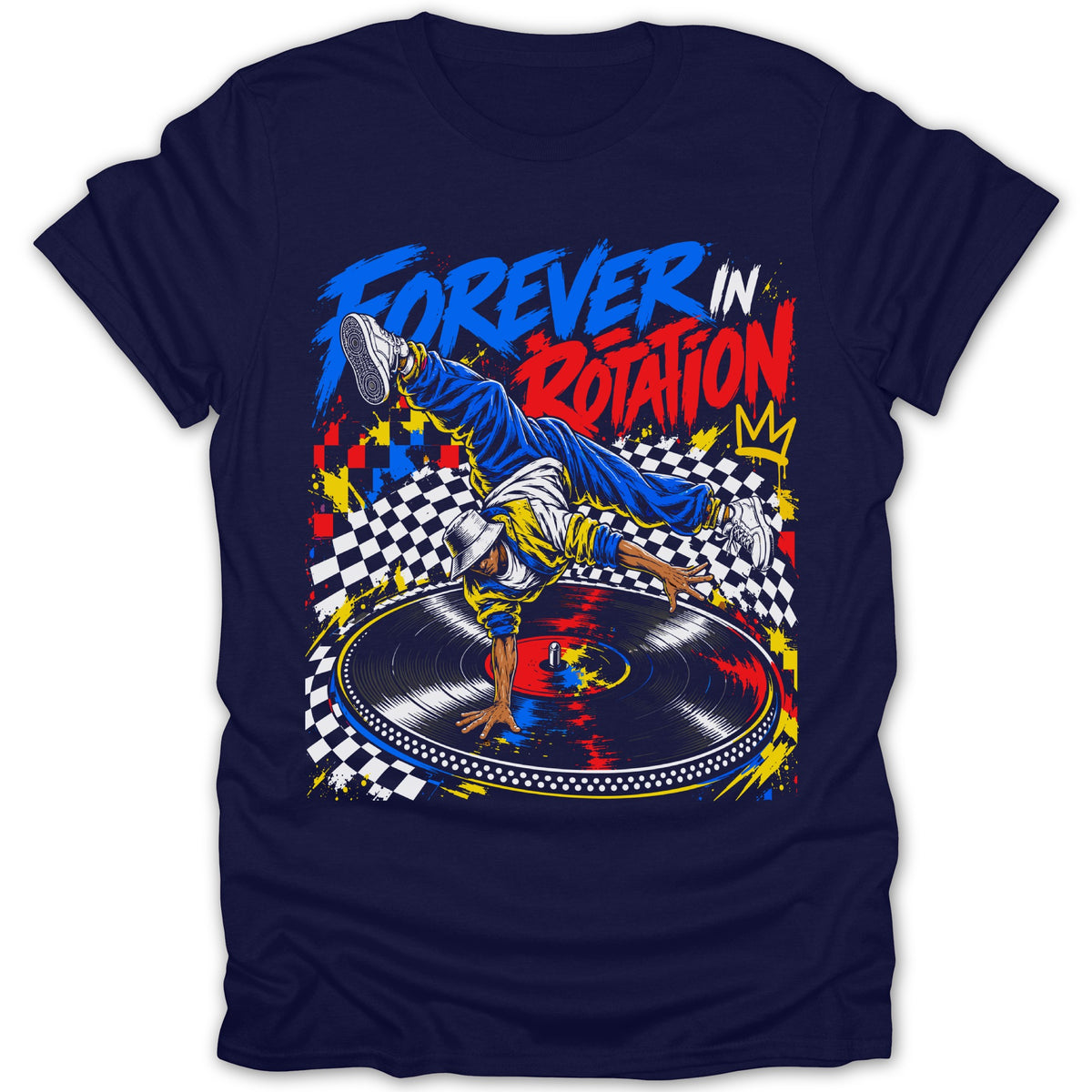 Breakdancer on a record with text "FOREVER IN ROTATION" and a crown.