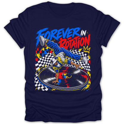 Breakdancer on a record with text "FOREVER IN ROTATION" and a crown.