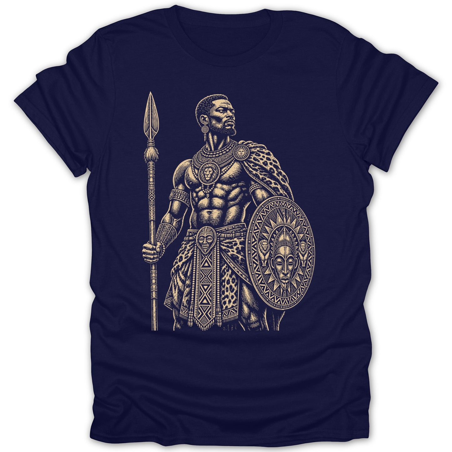 T-shirt with black graphic of a tribal warrior holding a spear and shield.