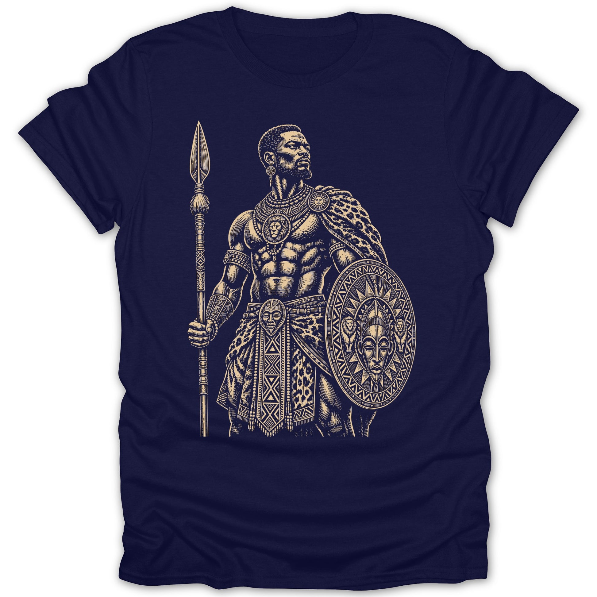 T-shirt with black graphic of a tribal warrior holding a spear and shield.