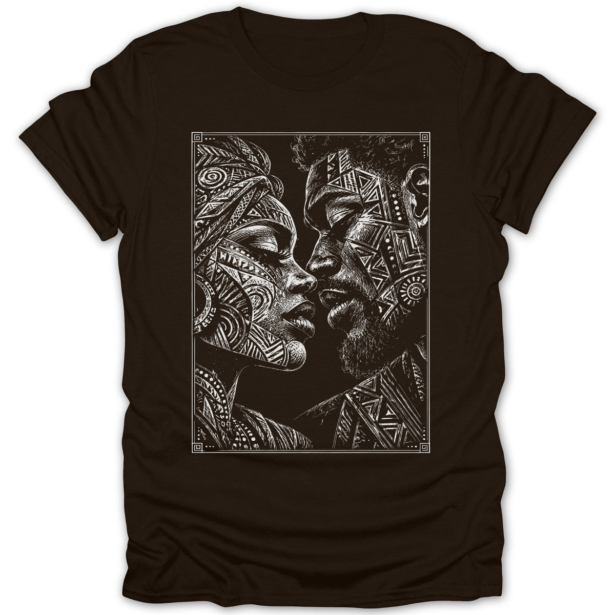 T-shirt with black ink linework depicting a couple with geometric patterns on their faces.