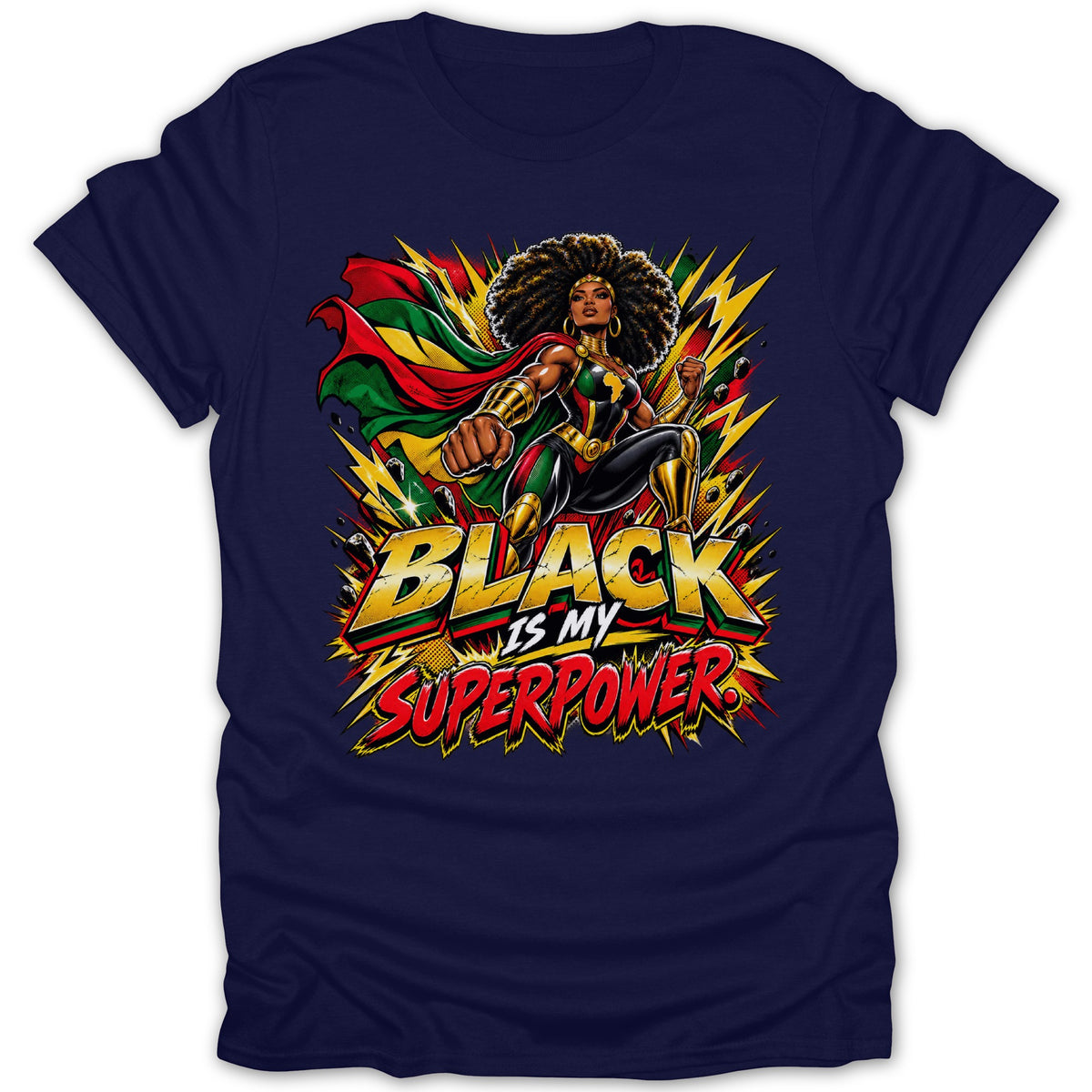 Superhero with afro and cape with text "BLACK IS MY SUPERPOWER".