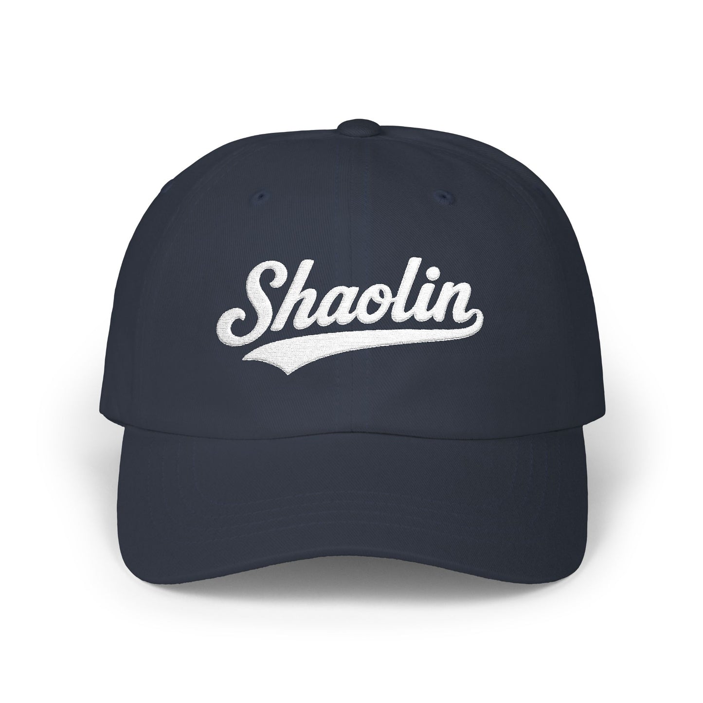 Navy blue baseball cap with "Shaolin" embroidered in white script.