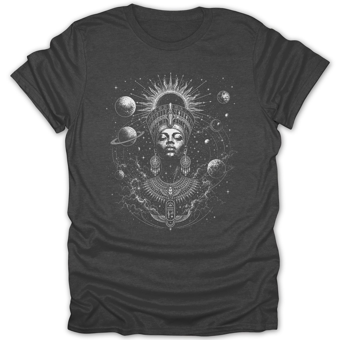 Dark t-shirt with a white graphic of an Egyptian queen surrounded by planets and stars.