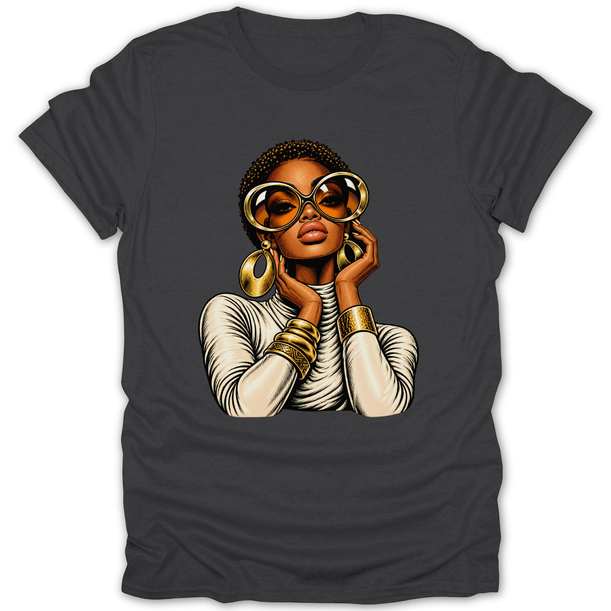 Illustration of a Black woman with large sunglasses, gold earrings, and bracelets.