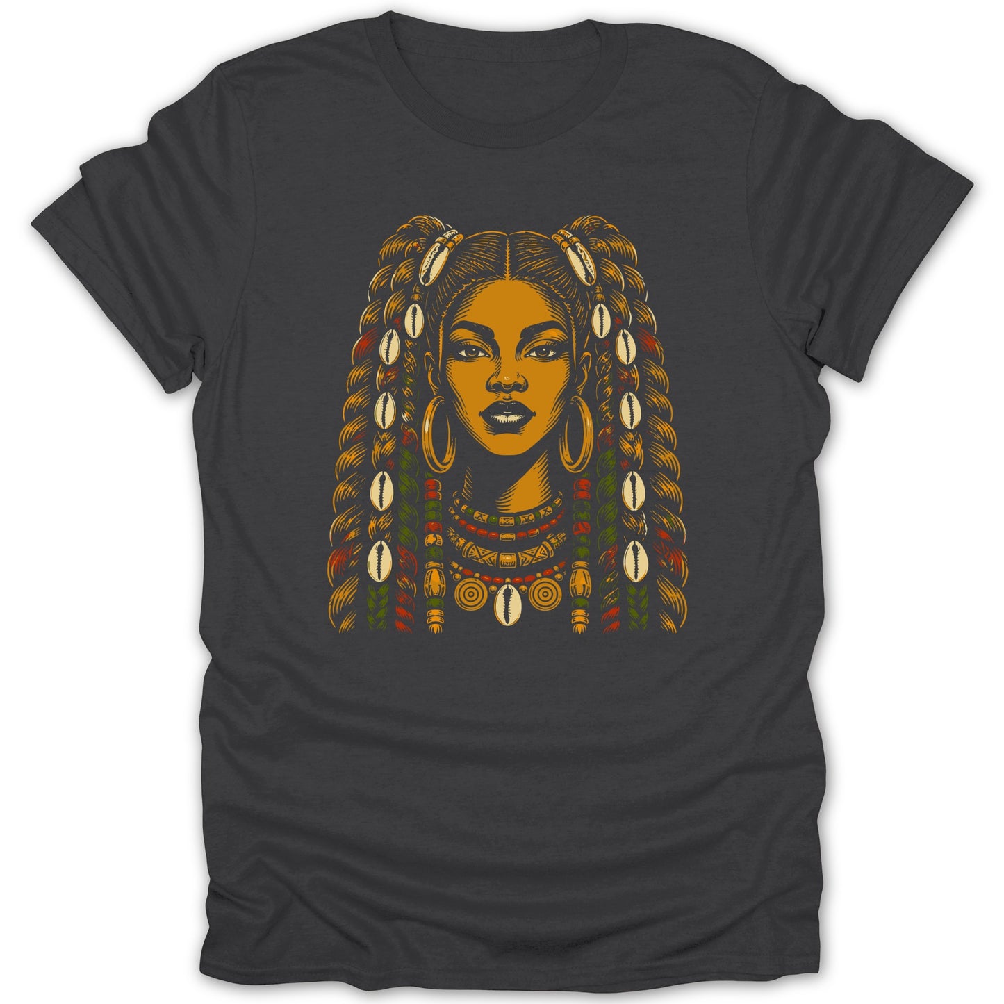 T-shirt graphic of a woman with braids, shells, and ornate jewelry.