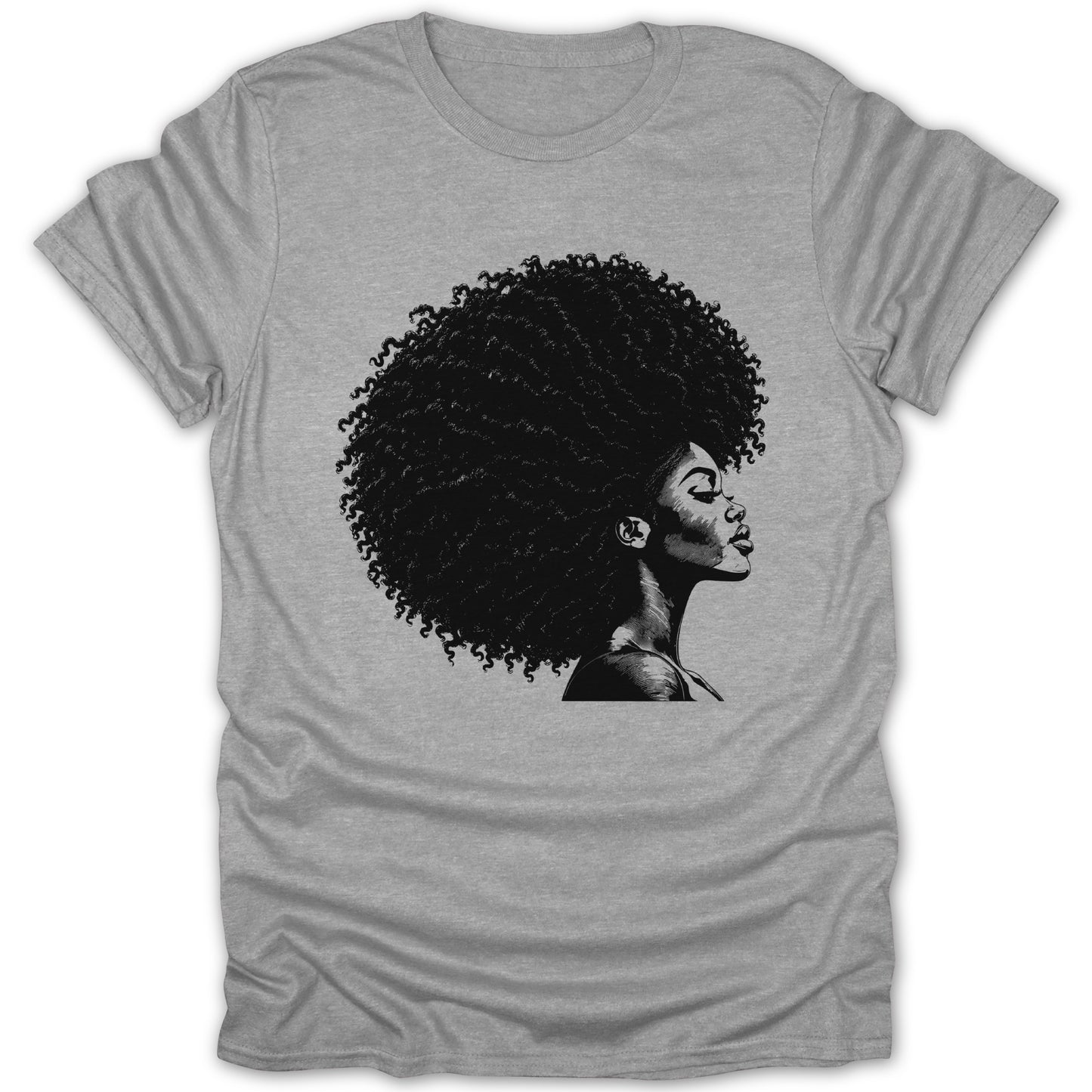 Black and white illustration of a woman with a large afro on a grey t-shirt.