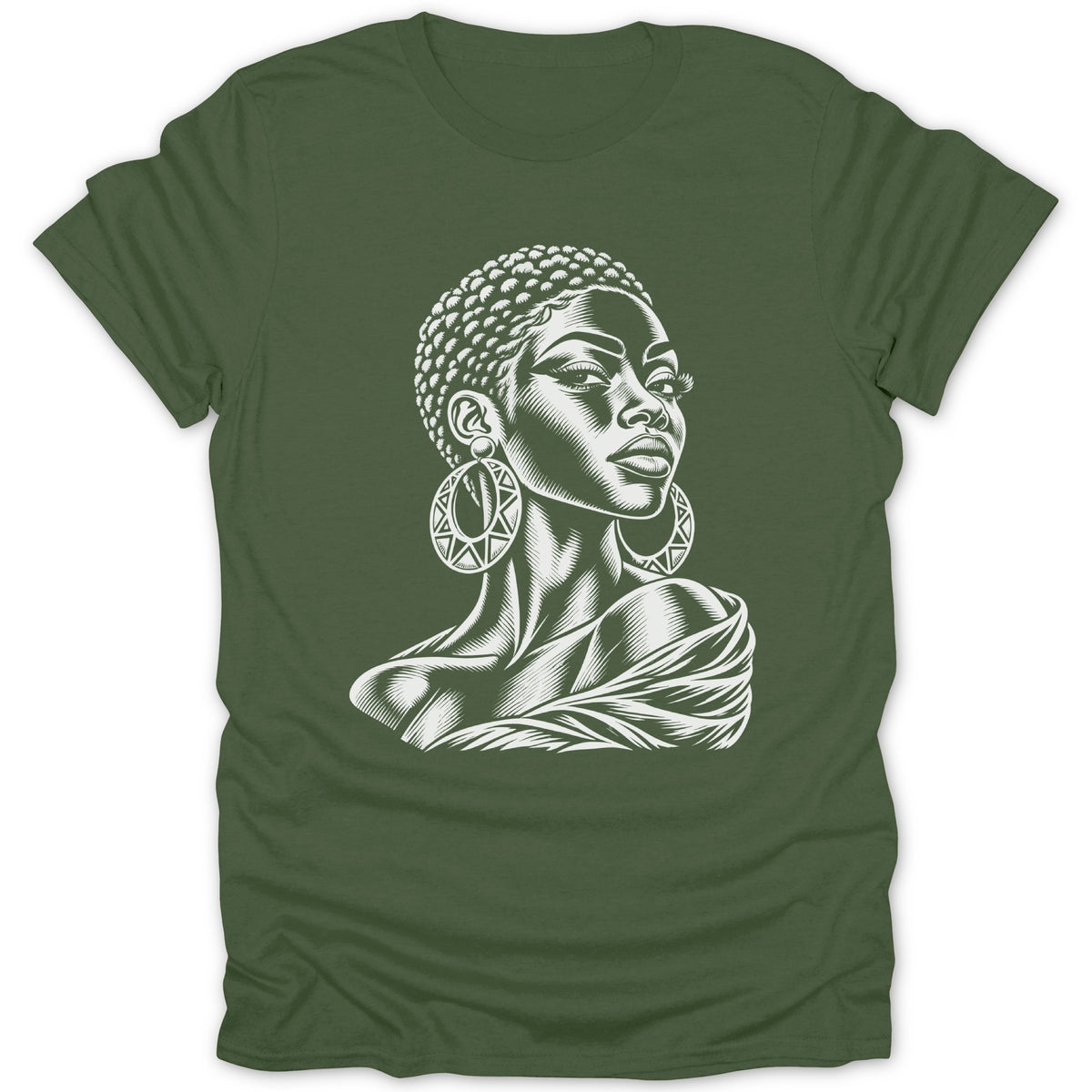 White line art portrait of a woman with large hoop earrings on a dark green t-shirt.
