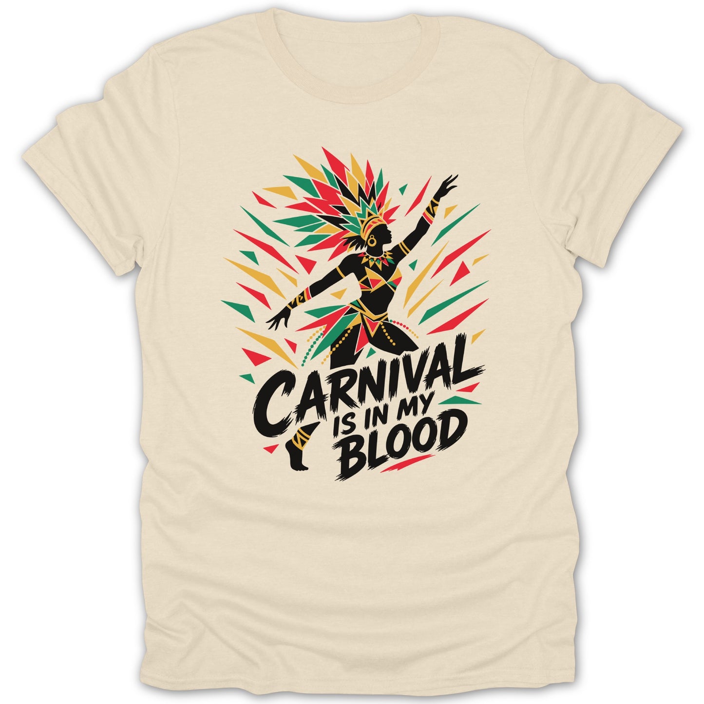 T-shirt with black silhouette of a dancer and the text "Carnival is in my blood."