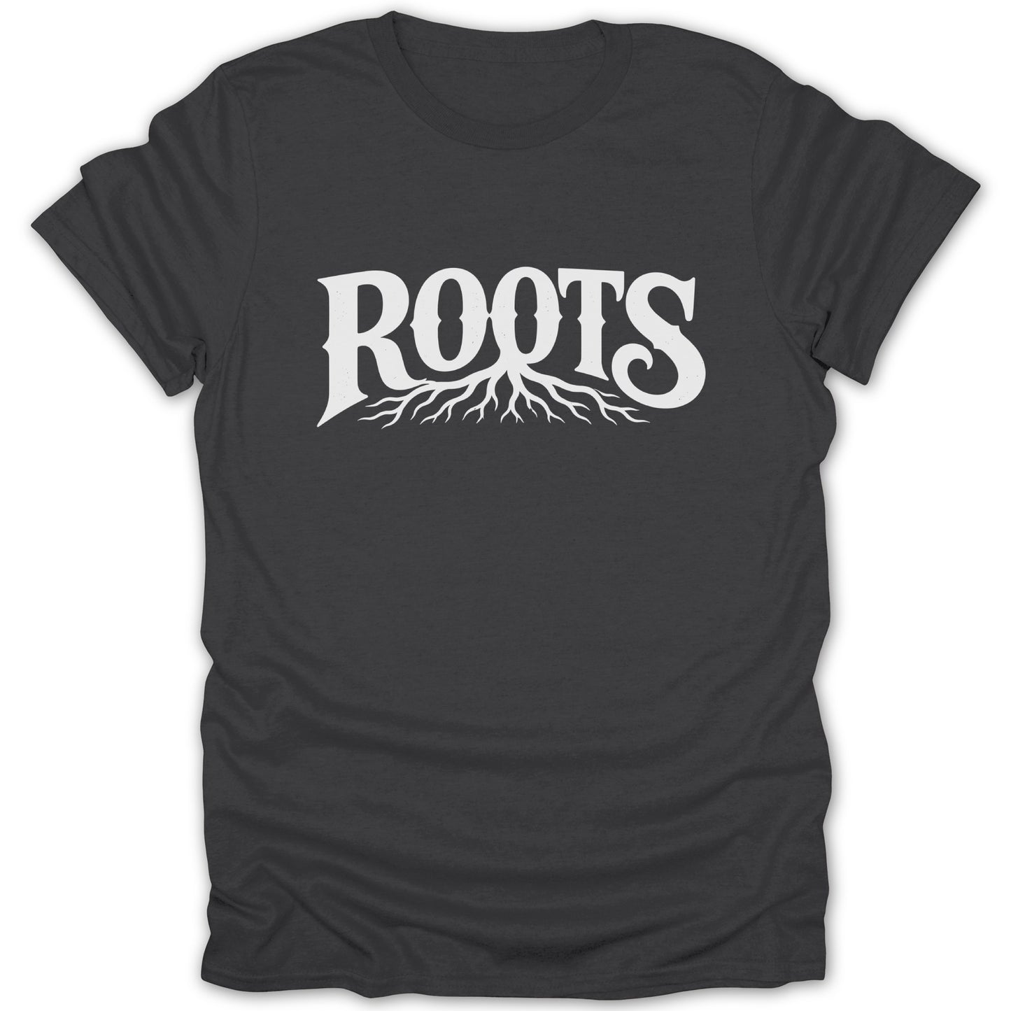 Dark grey t-shirt with white "ROOTS" text and root graphic.