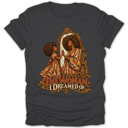Illustration of a girl touching a mirror showing her adult self with text "THE WOMAN I DREAMED OF."