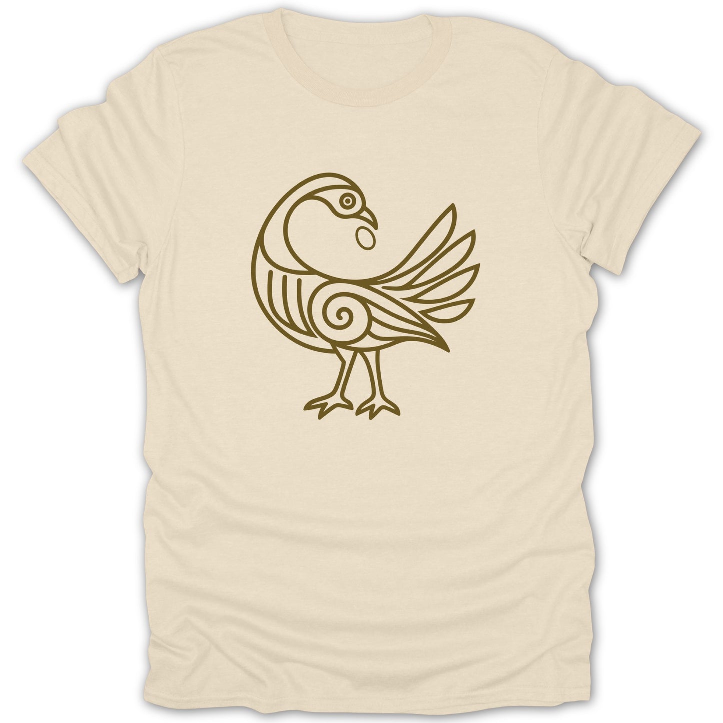 Cream t-shirt with brown outline of a stylized bird and abstract design.