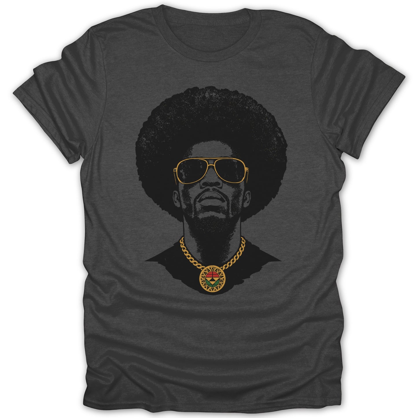 Dark t-shirt with graphic of man with afro, sunglasses, and a pan-African flag pendant necklace.