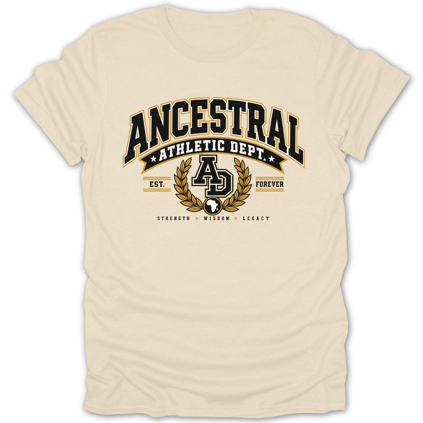 Ancestral Athletic Dept. AD graphic with laurel wreath and African continent outline.