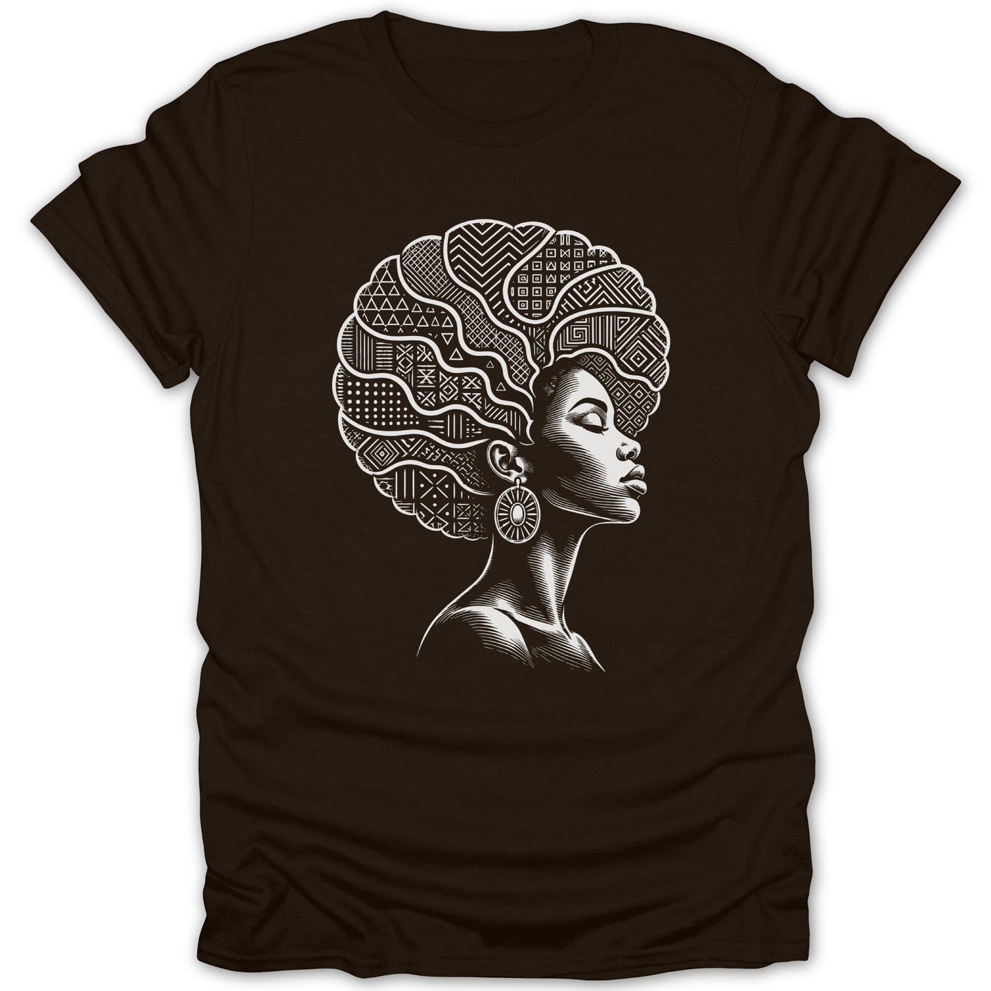 Line art of a woman with patterned afro on a dark brown t-shirt.
