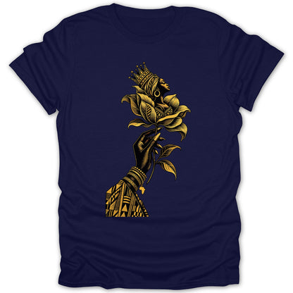 Black hand holding a golden flower with a crowned queen's profile and African continent charm.