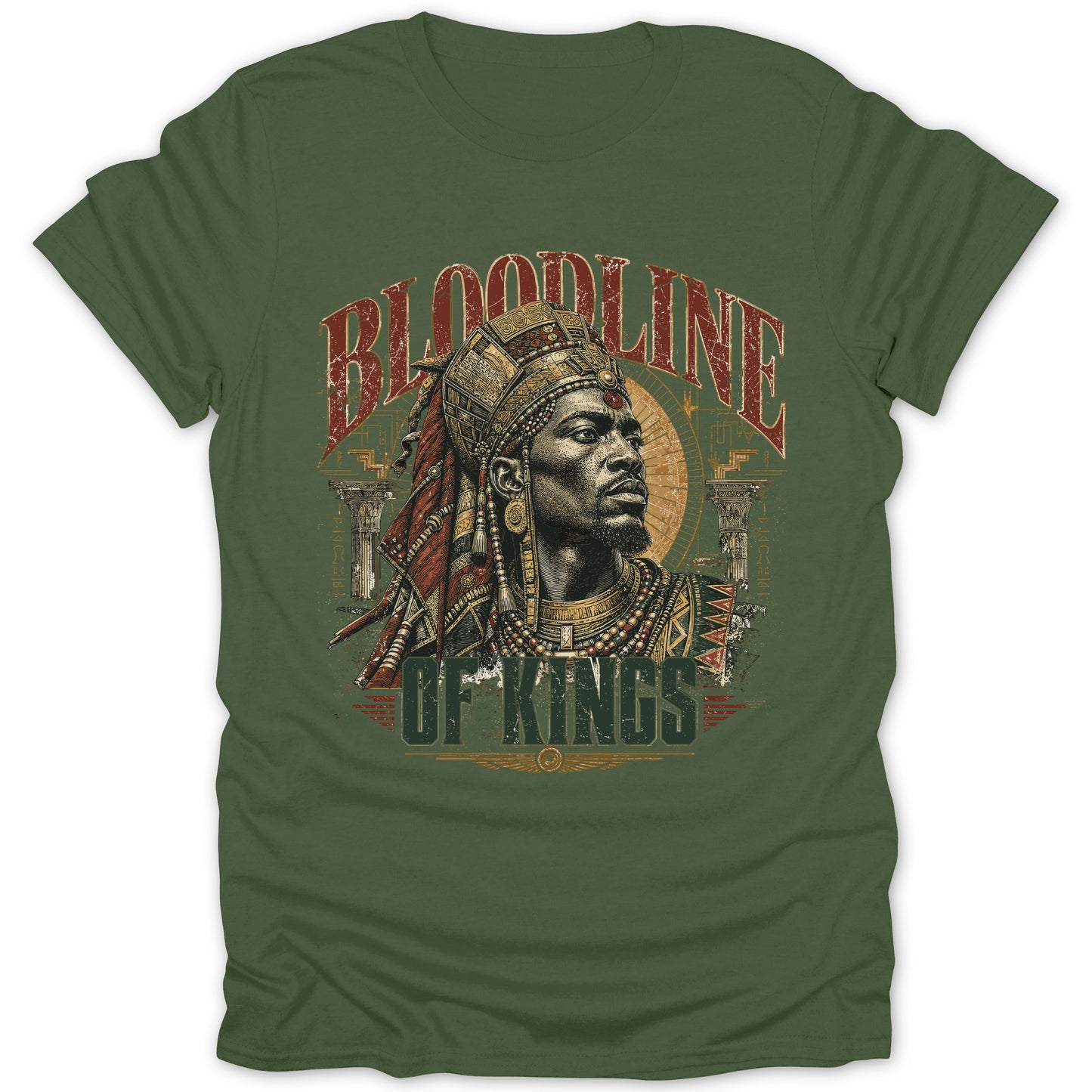 Green t-shirt with "BLOODLINE OF KINGS" text and regal man illustration.