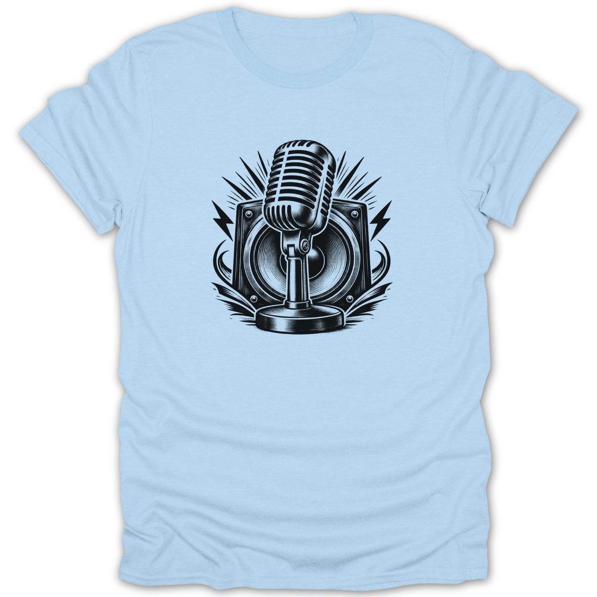Retro microphone and speaker graphic on a light blue t-shirt.