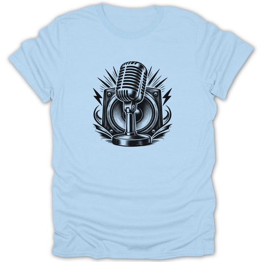 Retro microphone and speaker graphic on a light blue t-shirt.