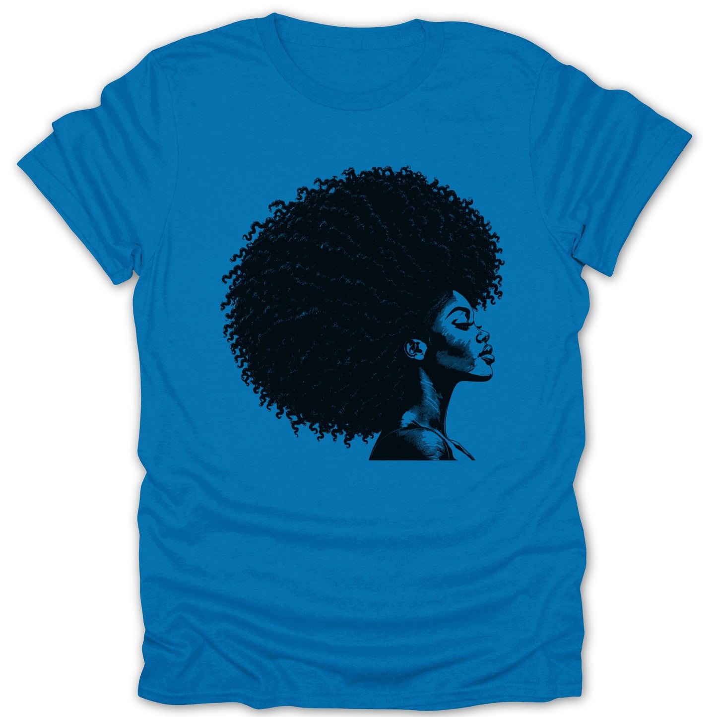 Blue t-shirt with a black silhouette of a woman with voluminous curly hair.