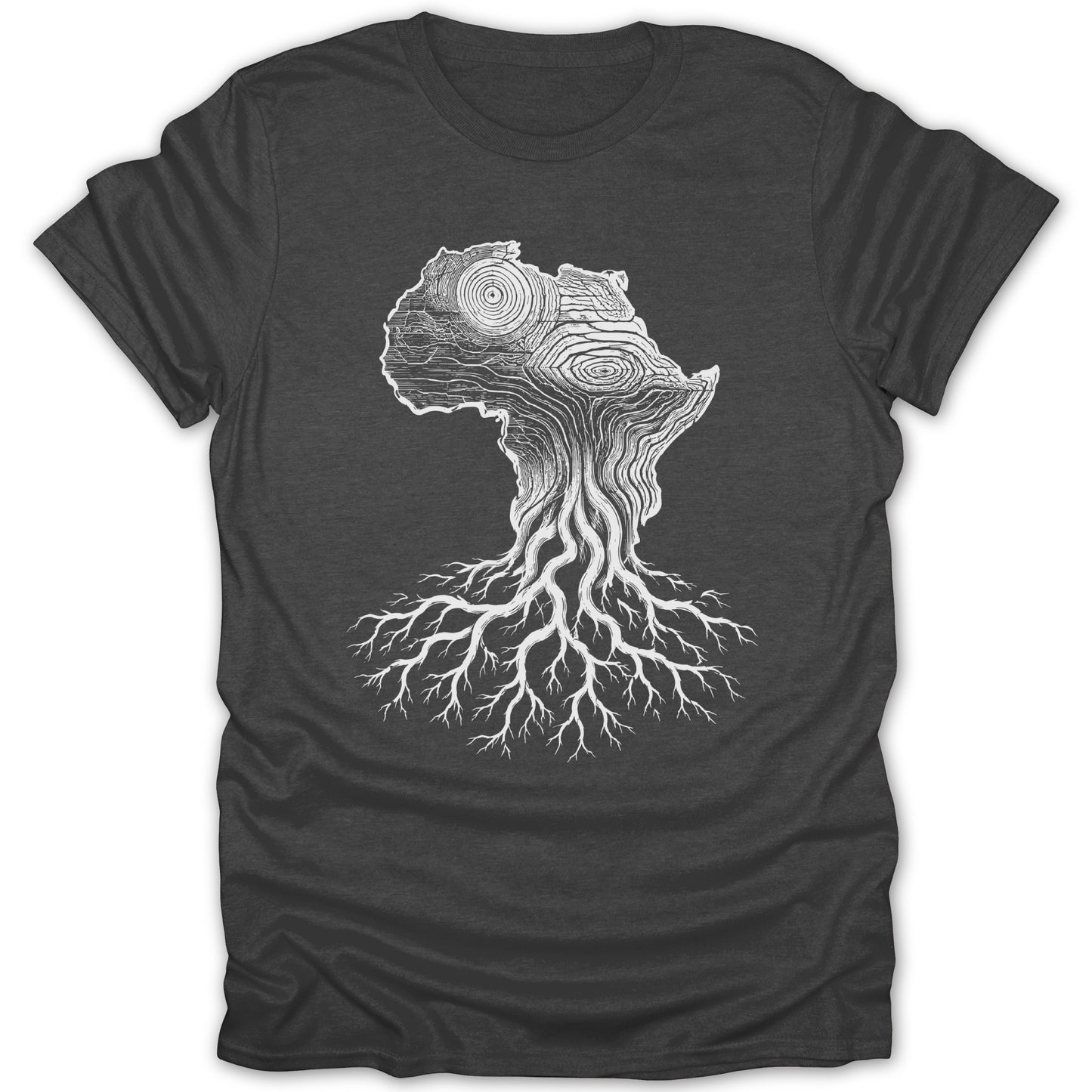 Dark gray t-shirt with white graphic of Africa as a tree with roots.