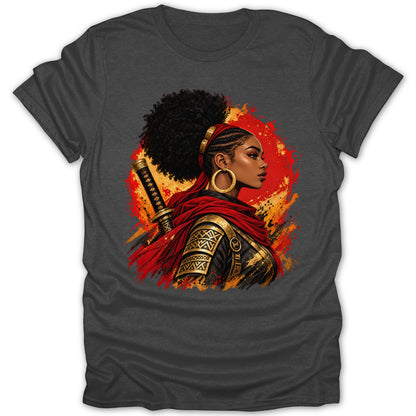 Woman in samurai armor with sword, wearing red cape and hoop earrings.