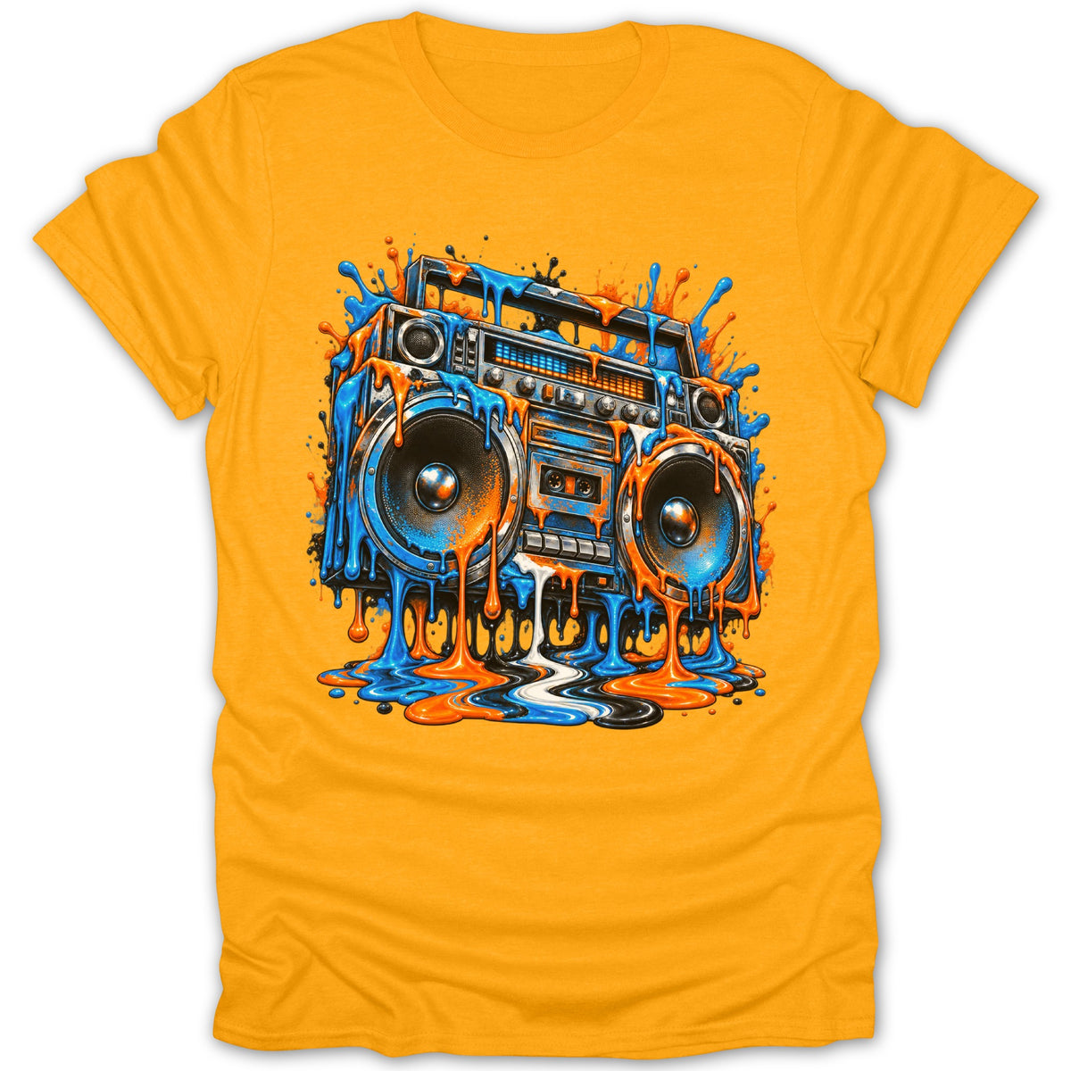 Orange t-shirt with a melting boombox graphic featuring blue and orange paint splatters.