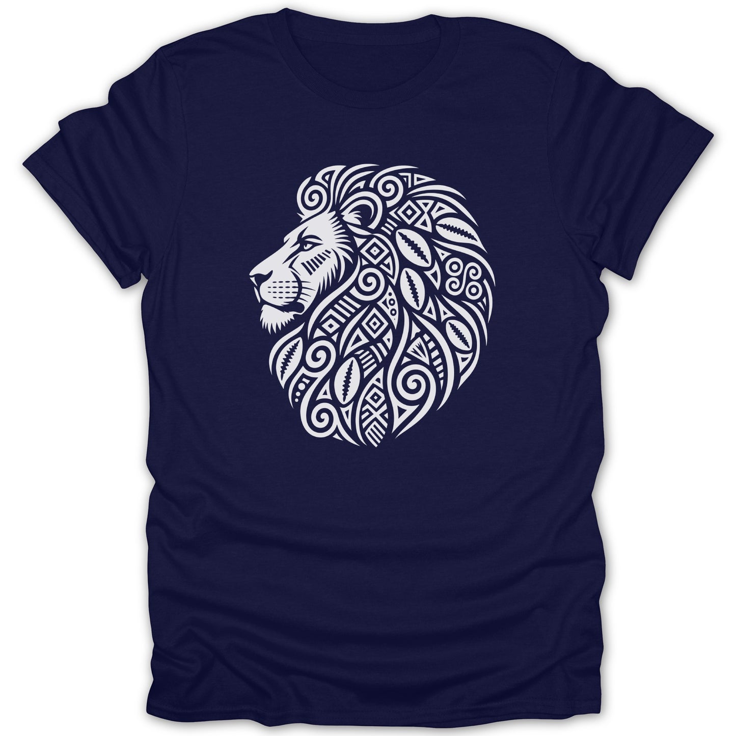 Navy t-shirt with white tribal lion head graphic on the chest.
