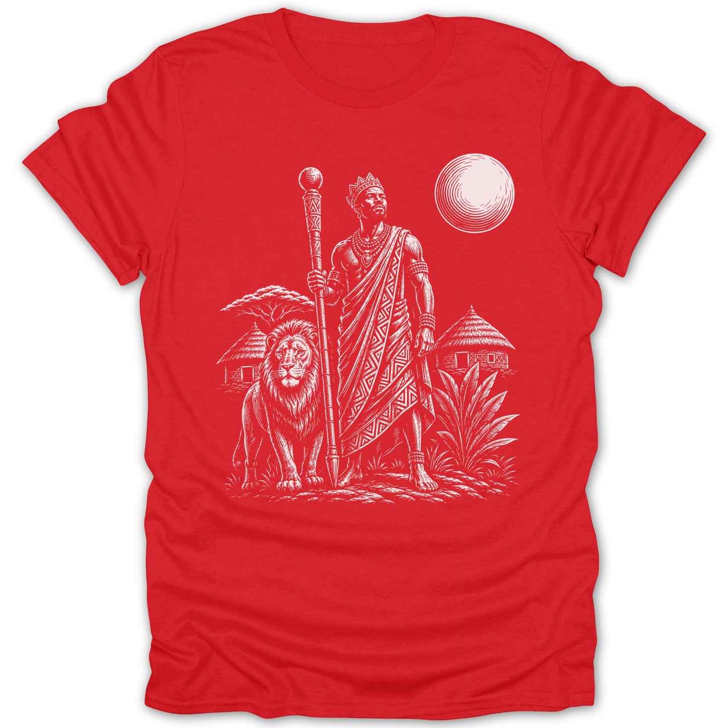 Red t-shirt with white illustration of crowned man with staff, lion, huts, and sun.
