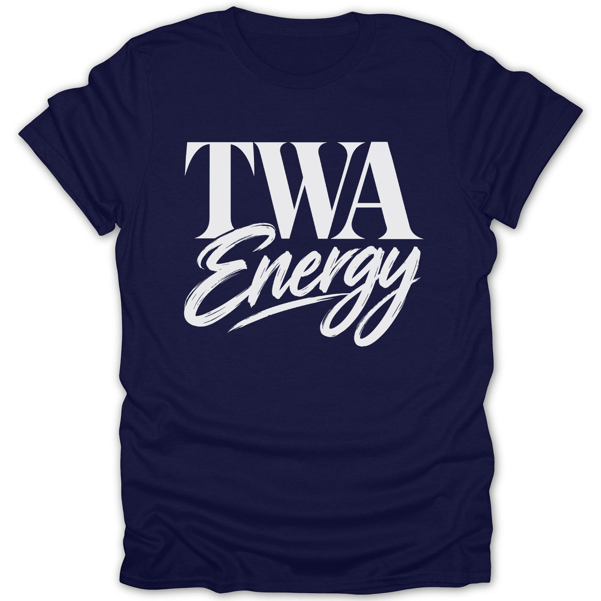 Navy t-shirt with white "TWA Energy" text in a modern font.