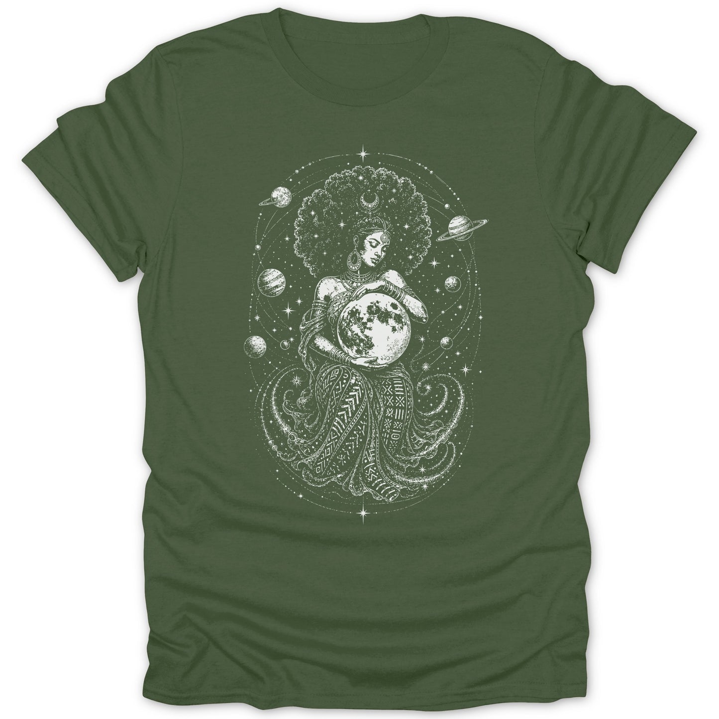 Woman holding moon surrounded by planets and stars on a green t-shirt.