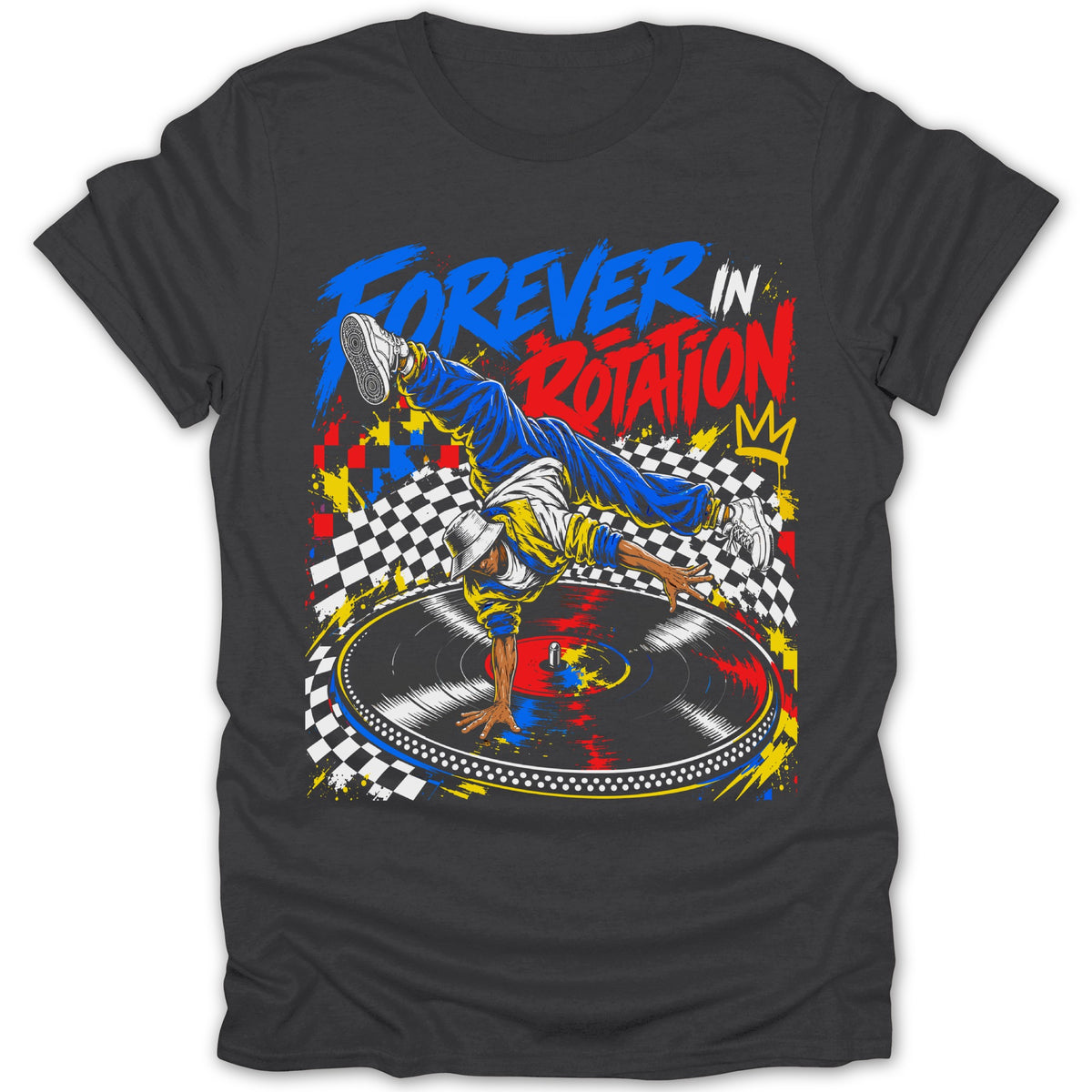 Breakdancer on a turntable with "FOREVER IN ROTATION" text and checkered background.