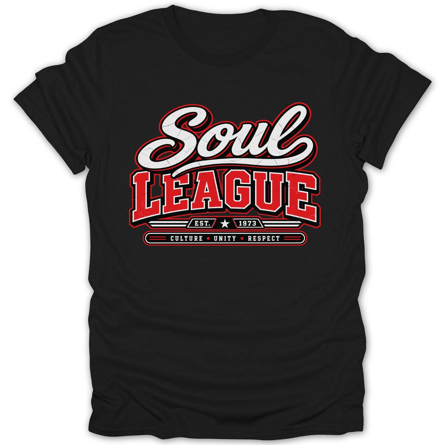Black t-shirt with red and white "Soul League" text and "Culture Unity Respect" on a distressed background.