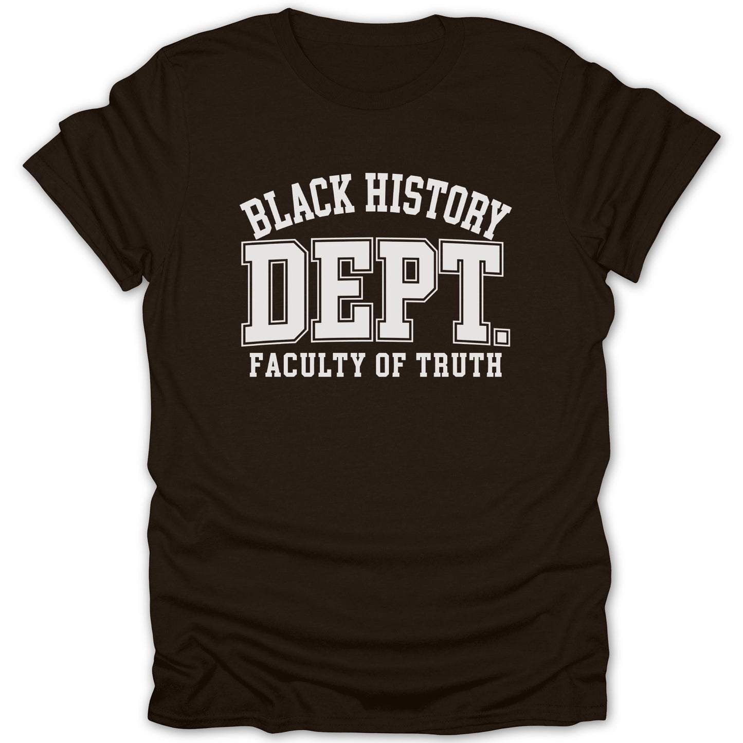 Brown t-shirt with "BLACK HISTORY DEPT. FACULTY OF TRUTH" text.