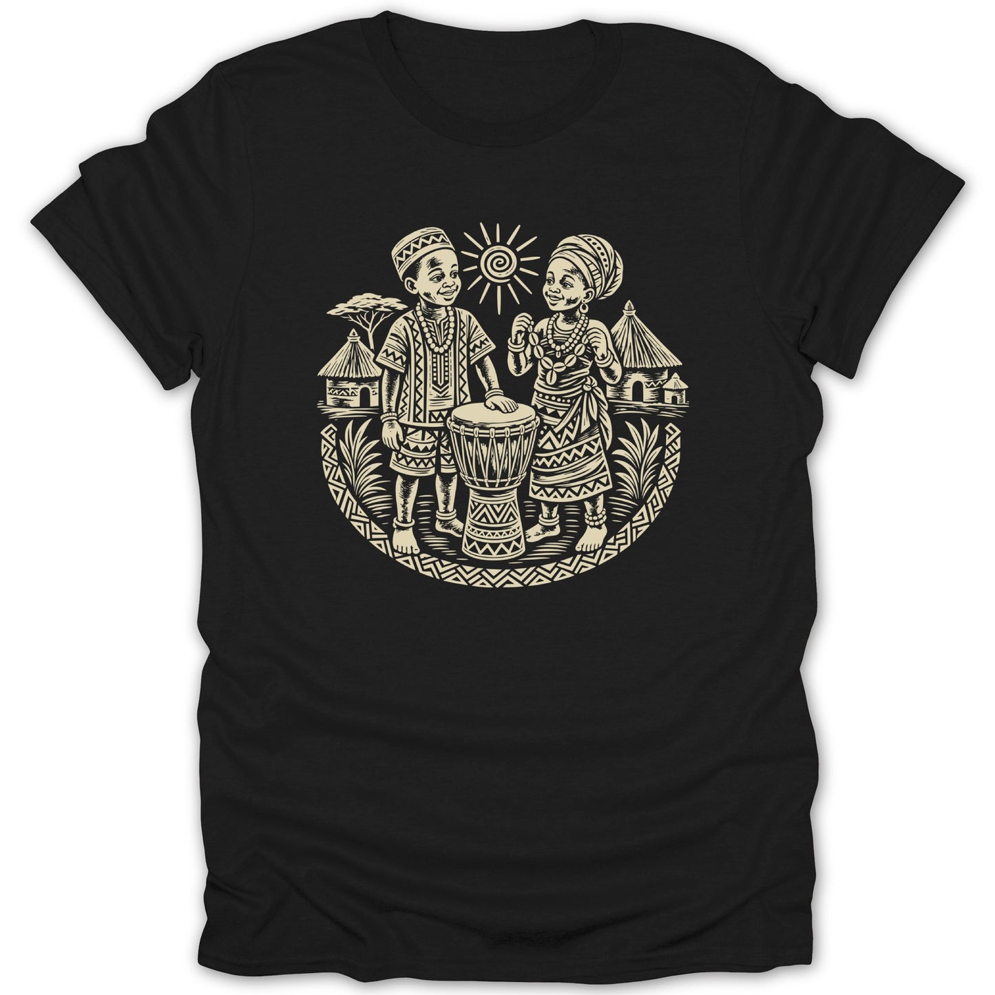 Illustration of two children with traditional African clothing and a drum.