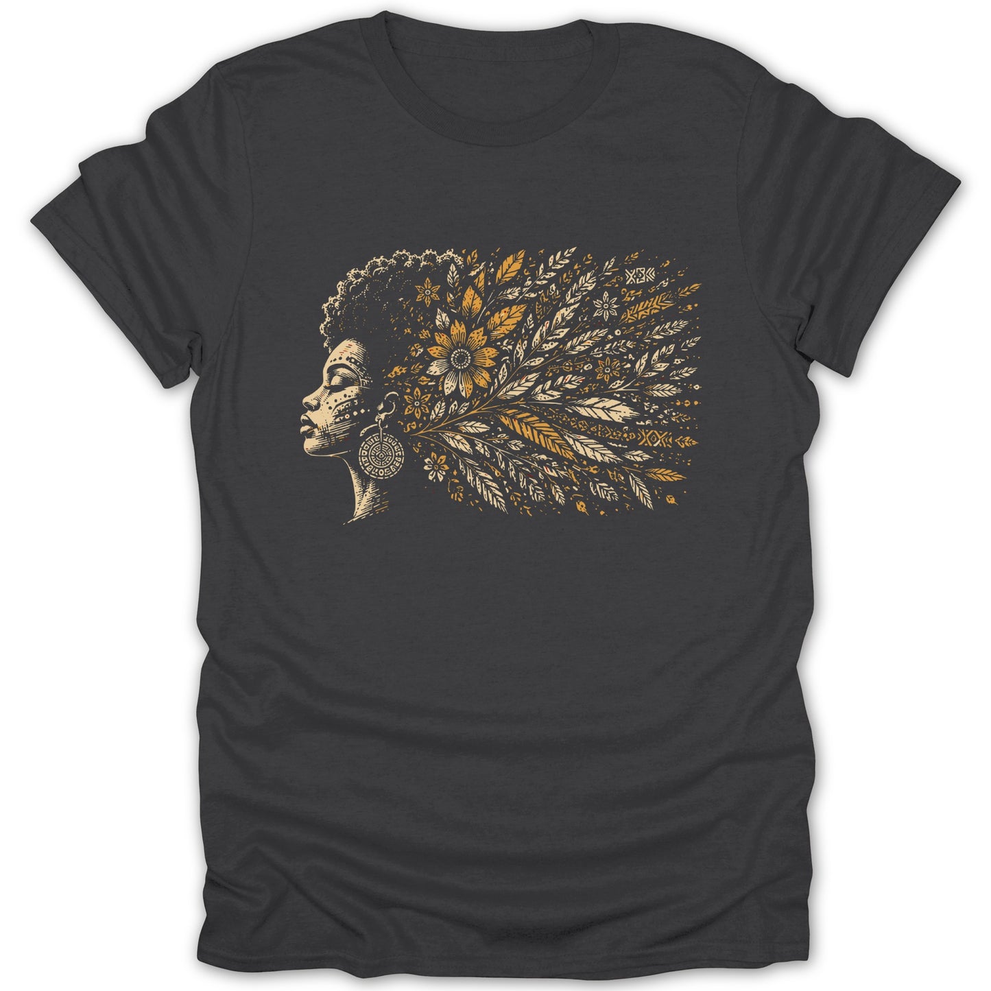 Profile of a woman with a floral and leaf-filled afro on a dark gray t-shirt.