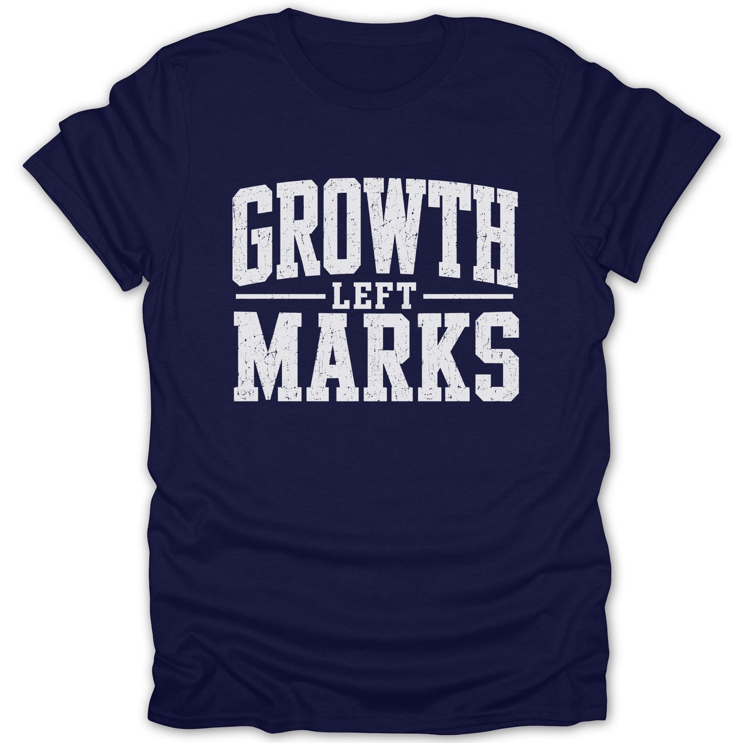 Navy blue t-shirt with distressed white text reading "GROWTH LEFT MARKS".