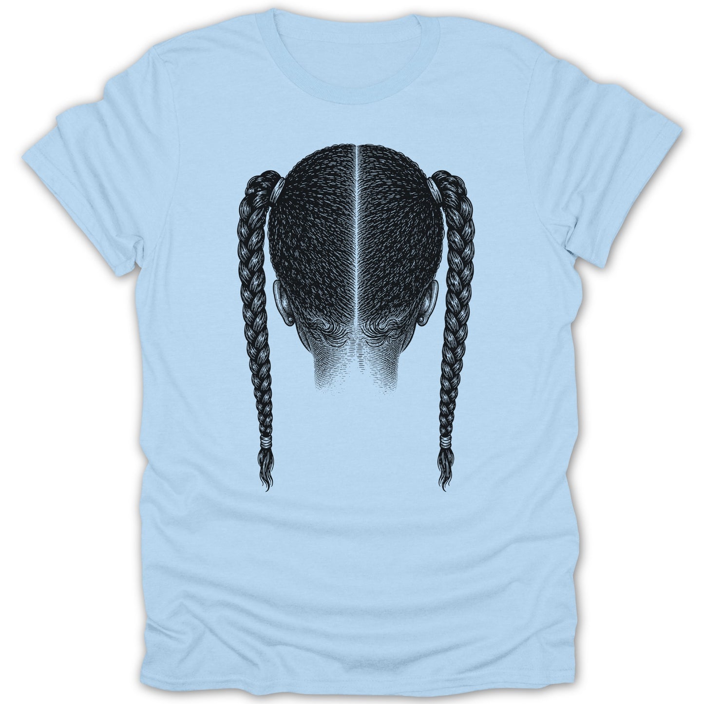 Line drawing of hair styled in two braids on a light blue t-shirt.