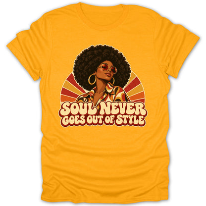 Yellow t-shirt with graphic of a woman with an afro and text "SOUL NEVER GOES OUT OF STYLE".