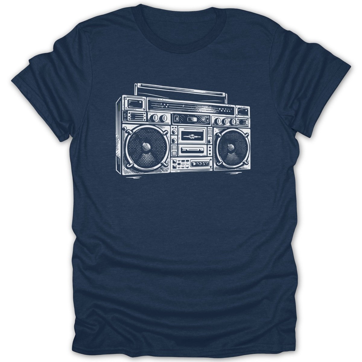 Dark blue t-shirt with a white line drawing of a boombox.