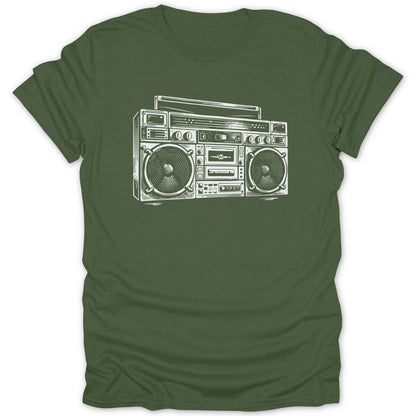 White line art boombox graphic on a dark green t-shirt.