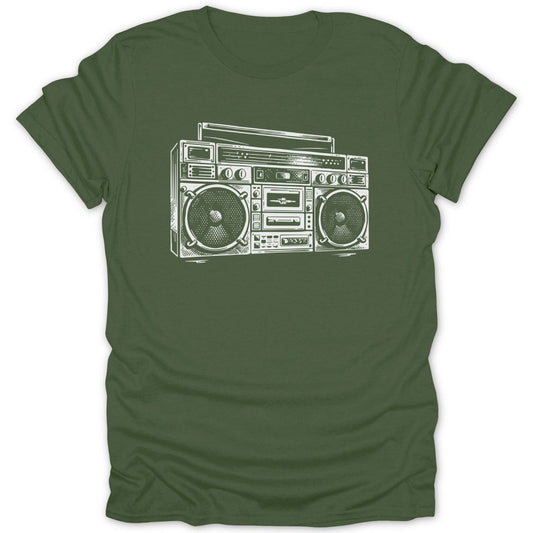 White line art boombox graphic on a dark green t-shirt.